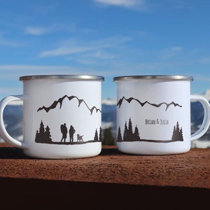 Couples mug - Mountain Couple Campfire Mug, Personalized mug, Anniversary mug for Outdoorsy couple, Enamel mug custom text gifts