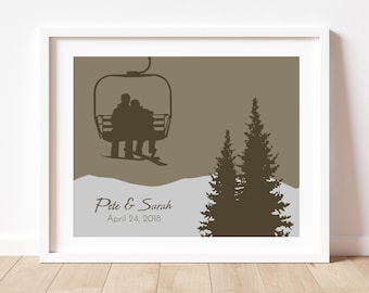 Arte personalizado para telesilla: obra de arte de esquiador o snowboarder para parejas amantes de la naturaleza, regalo de compromiso o boda en la montaña, póster de compromiso personalizado