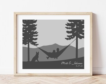 Adventure Continues Art Print for Couple: Relaxing Hammock Scene with Dog, Hiking Engagement Gift for Outdoorsy Couple, Mountain Couple Gift