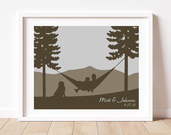 Mountain Couple Art Print: Cozy Hammock with Dog, Outdoorsy Couple Camping Gift, Adventure Continues, One Year Anniversary Decor