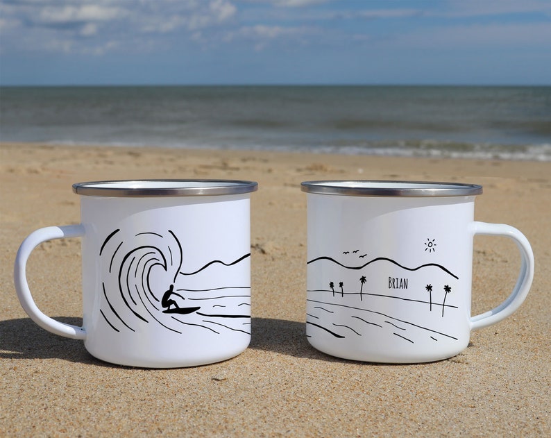 Surf decor Cool mugs, Custom enamel mug, Beach lover gift, Best friend mug Unique Rustic coffee mug Summer Camping gear Outdoors image 3