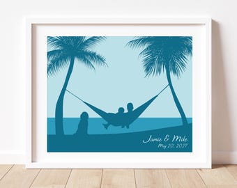 Custom Artwork for Newly Engaged Couple: Beach Engagement Art Print, Tropical Beach Wedding Gift, Personalized Gift for World Travelers