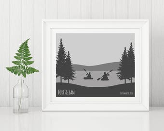 Outdoor Couple Gift, Kayak Art Print, Anniversary Gift for Kayaker, Couple Kayaking, Custom Kayak Poster, Lake House Decor Engagement Gift