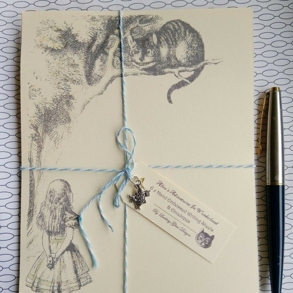 06. 07. ALICE IN WONDERLAND~Hand Embossed Stationery Cheshire Cat - A5 Writing Set or A6 Notelets-Lovely Gift - Personalise- Gift For Her