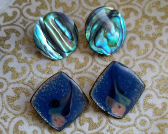 Vintage Clip-On Earrings x 2 PAIRS - Handpainted Floral and Paua Shell -  Gift For Her - Easter