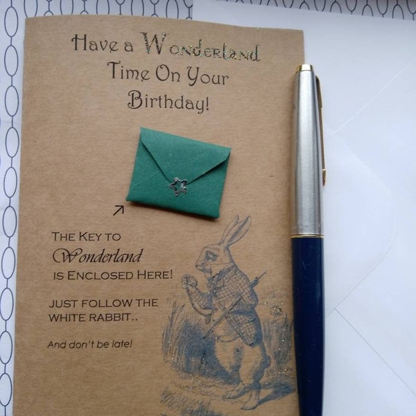 01 ALICE In WONDERLAND Handmade Card -White Rabbit- 'Have a Wonderland Birthday' With Tiny Key! Any Occasion-Mother's Day/Personalise