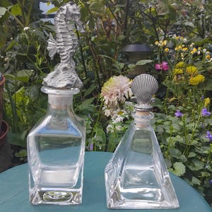 Vintage Glass Bathroom Soap/Oil Bottles Seahorse and Seashell Design Cork Stopper Tops - New Home/Wedding Gift