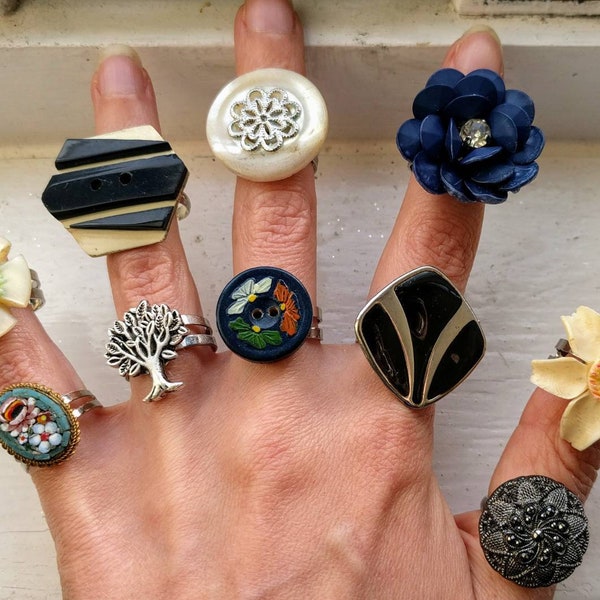 Handmade Chunky Statement Ring-Upcycled Vintage Antique Button/Brooch - Adjustable - Steampunk Jewellery -Free Gift Bag-  Gift