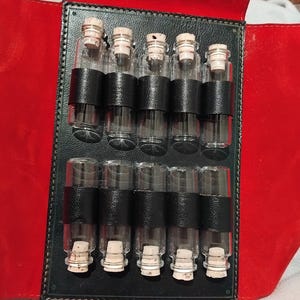 Frascos de vidrio vintage con forma de tubo de ensayo (x10) en estuche de cuero negro - Regalo para él