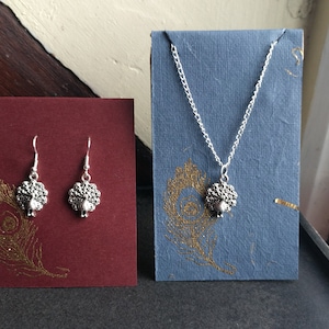Handmade PEACOCK Jewellery -Earrings Or Necklace- Silver Plated Hand Heat Embossed Card -Gift For Her Birthday