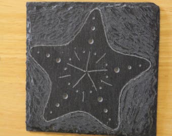 slate cup coasters, home decor, kitchen, starfish, arms, underwater, fish, slate, stone, natural material, etching, engraving, symetrical