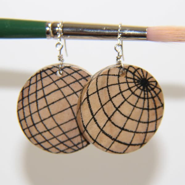 Globe, latitude and longitude, earth earrings, circle, wood with ink lines, earth earrings. circle, asymetrical onesided dangle earrings.