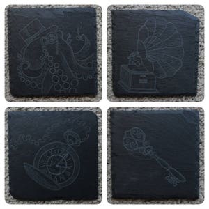 Steampunk style etched slate coaster set of 4, etched octopus, pocketwatch, phonograph and key slate stone cup coasters set, hand engraved