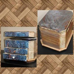Acrylic marbled jewelry box with drawers, two marbled sections very shiny, drawers lined with felt, weathered look for exterior, jewelry box