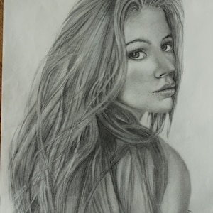 Grayscale custom portrait in realistic style, black and white, charcoal and graphite artistic rendering, detailed, up close, beautiful
