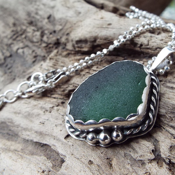 Extra Large Genuine Dark Green Sea Glass Fine Silver Bezel Pendant Necklace