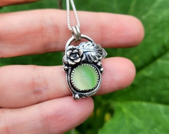 Green White Cat's Eye Half Sea Glass Marble Floral Necklace with Sterling Silver Cast Succulent Stamped Leaf
