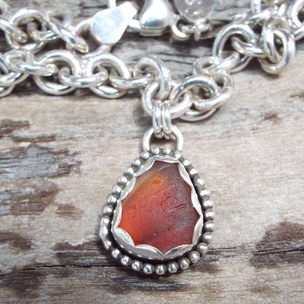 Genuine English Multi Colored Yellow Orange & Pink Sea Glass Sterling Silver Cable Chain Vintage Bracelet