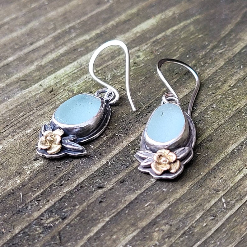 Glacier Seafoam Blue Sea Glass Sterling Silver Dangle Earrings 10k Gold Flowers and Silver Leaves Mixed Metals