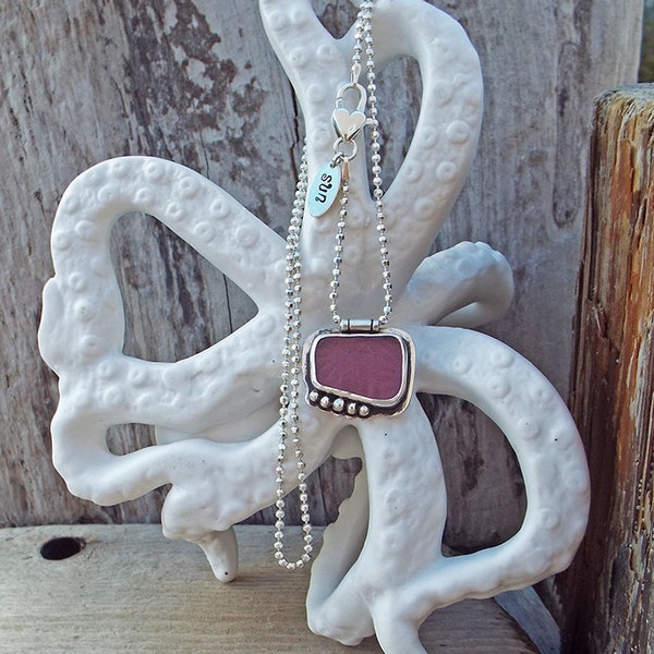 Grape Purple Sea Glass Sterling Silver Bezel Pendant 18" Necklace Heart Clasp