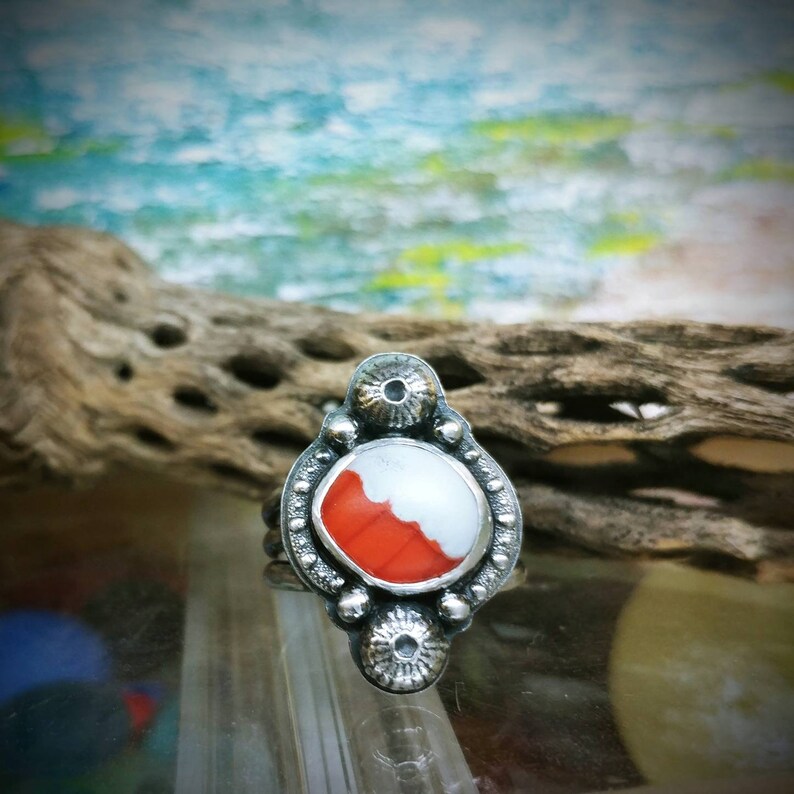 Davenport Orange White Sea Glass Urchin Sterling Silver Statement Ring Size 6.75 6 34