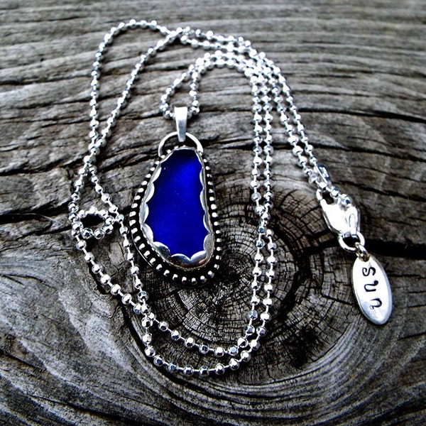 Rich Cobalt Blue Genuine Sea Glass with 'Secret Garden Design' in Fine Silver Bezel Pendant Necklace