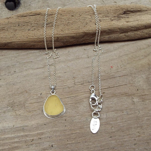 Genuine Yellow Sea Glass Fine Silver Bezel Pendant Necklace