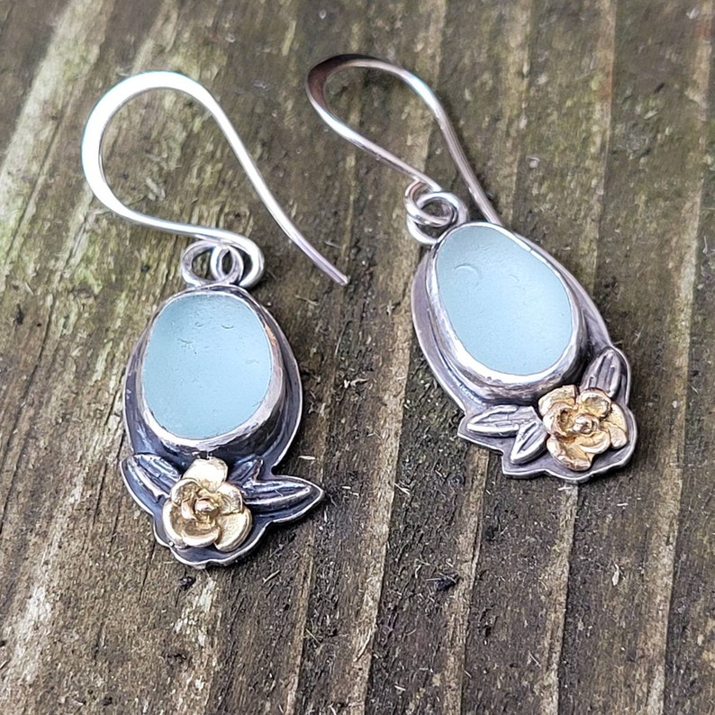 Glacier Seafoam Blue Sea Glass Sterling Silver Dangle Earrings 10k Gold Flowers and Silver Leaves Mixed Metals
