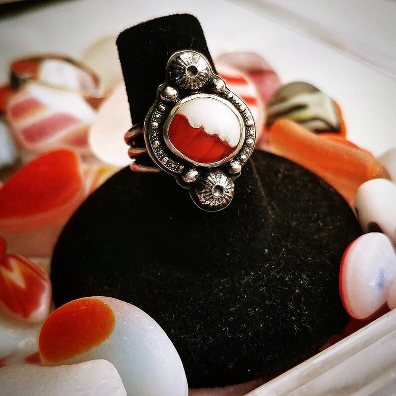 Davenport Orange White Sea Glass Urchin Sterling Silver Statement Ring Size 6.75 6 34