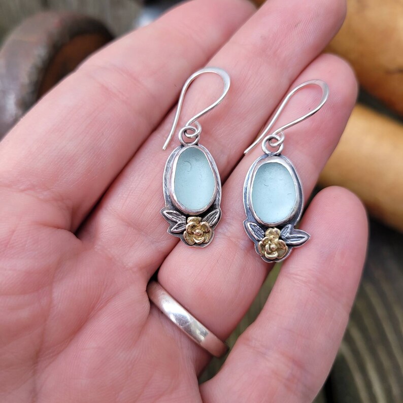 Glacier Seafoam Blue Sea Glass Sterling Silver Dangle Earrings 10k Gold Flowers and Silver Leaves Mixed Metals