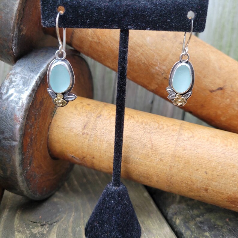 Glacier Seafoam Blue Sea Glass Sterling Silver Dangle Earrings 10k Gold Flowers and Silver Leaves Mixed Metals
