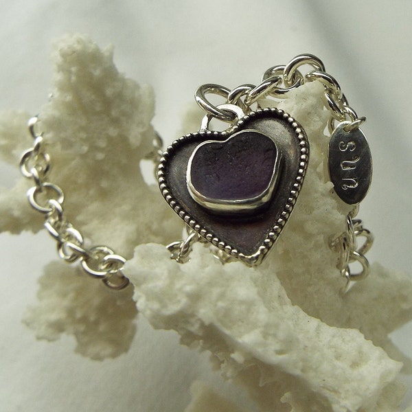 English Multi Purple Sea Glass Heart Charm & Sterling Silver Vintage Bracelet