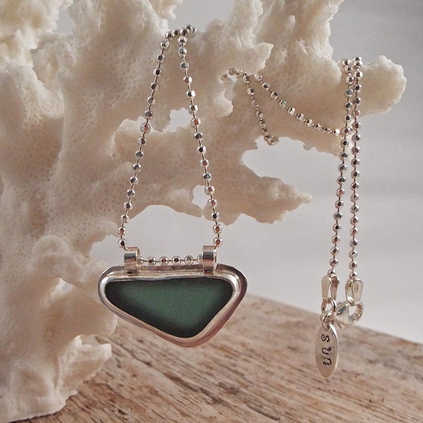 Deep Teal Sea Glass Sterling Silver Bezel Pendant 18" Necklace