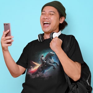 Astronaut Riding Unicorn Monster Black T-Shirt for Fantasy and Space Fans (Funny Animals in Space), Epic Meme Gift for Movie Monster Lovers