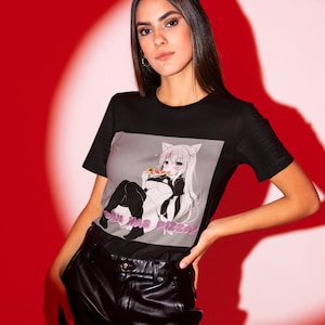 Anime &quot;Catgirl can has pizza?&quot; T-Shirt - Lewd Tee with Anime Catgirl Enjoying her Pizza