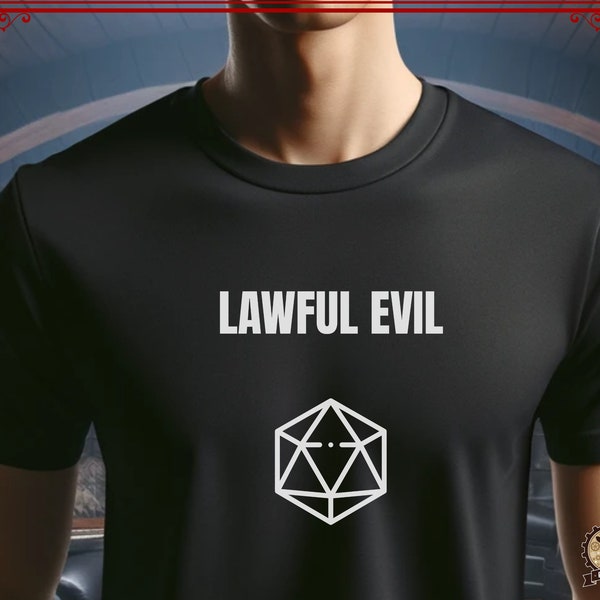 Lawful Evil Funny Quote Soft Black Tee Shirt with 20 Sided Die Icon | Character Alignment Gift for your favorite Player or Dungeon Master