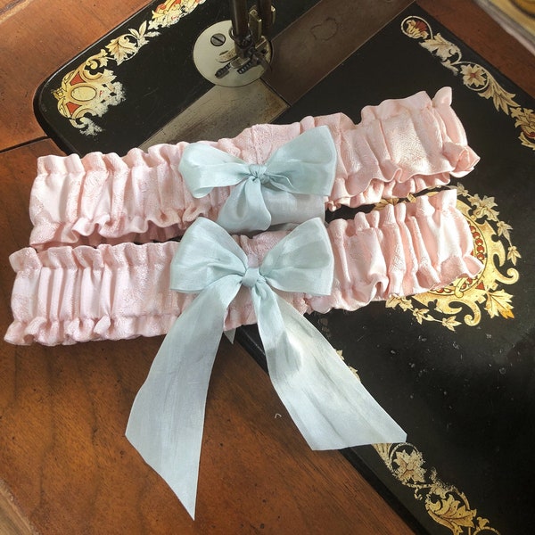 Silk garters with vintage ribbon, Set of two 1920's style garters, pale pink silk wedding garters