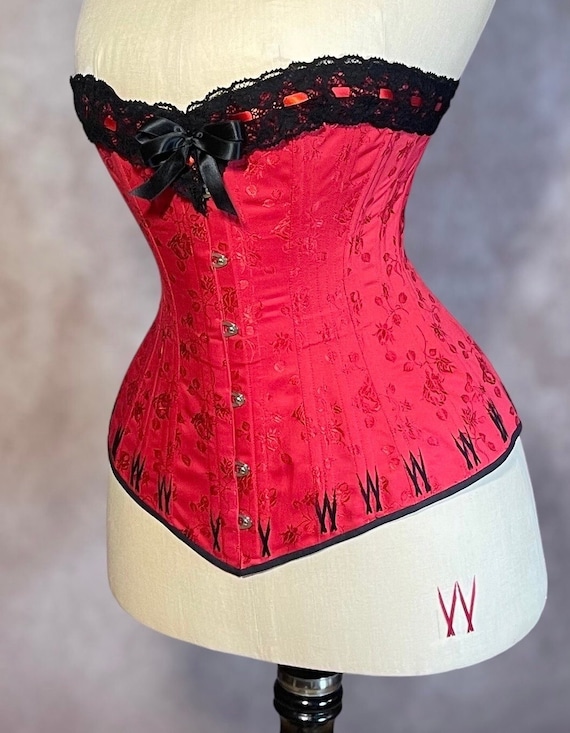 Handcrafted Red Floral Coutil Corset: Victorian Inspired Hourglass Shape