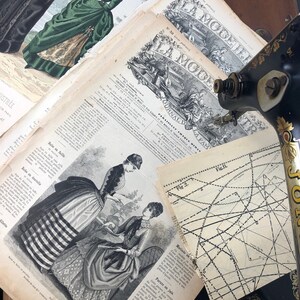 May include: A vintage sewing pattern from La Mode Illustree, a French fashion magazine. The pattern is for a dress with a striped skirt and a fitted bodice. The magazine cover features a woman in a green dress with a black jacket.