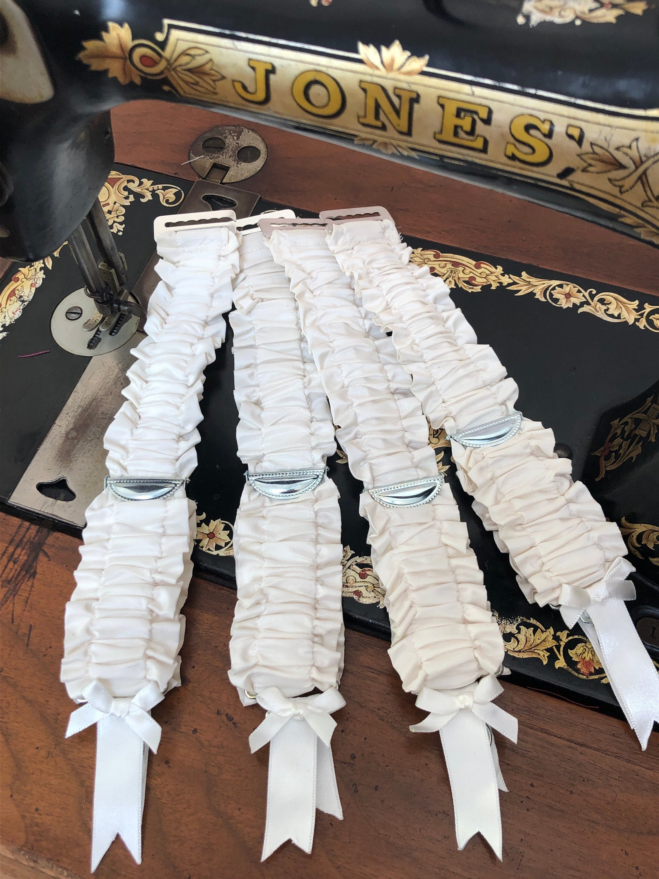 Handmade Silk Suspenders, Set of Four, Classic Vintage Design, Ivory Silk Taffeta with matching ribbon and bow. Choice of slider or clip top