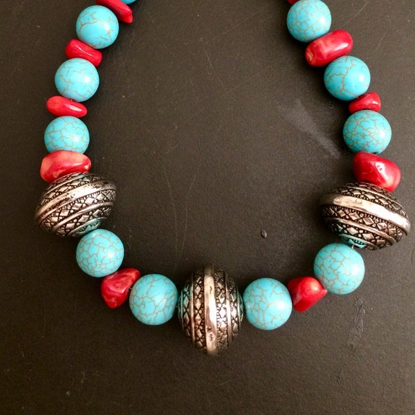 TURQUOISE CORAL SILVER and Cinnabar Necklace, Earrings and Bracelet