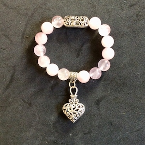 LOVERS ROSE QUARTZ Bracelet with Silver Filagree Accent and Heart Charm