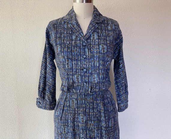 1940s Blue printed cotton day dress