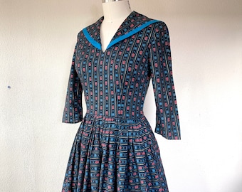 1950s Black floral striped cotton dress with sailor collar