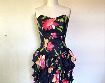 1980s Strapless floral cotton dress