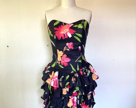 1980s Strapless floral cotton dress - image 1