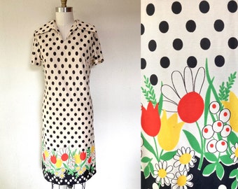 1960s Polka dot and floral shift dress
