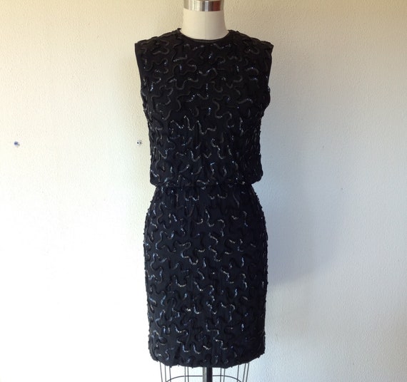 1960s black rayon dress with sequined squiggles - image 2