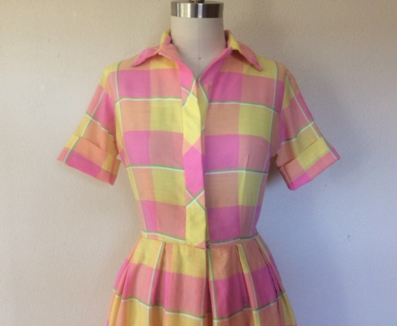 1960s Pink and Yellow plaid dress