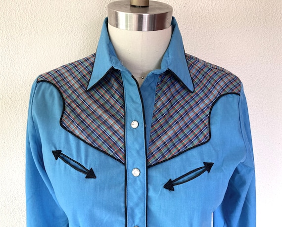 1970s Blue and plaid western style shirt - image 3